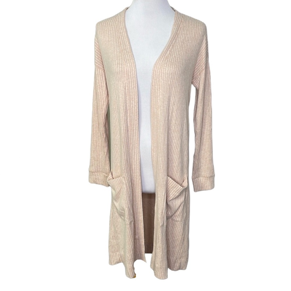 SOMA Soft Stripe Long Sleeve Open Front Long Cardigan Robe Duster with Pockets